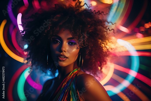 Vibrant Retro Disco Fashion Model with Colorful Neon Lights