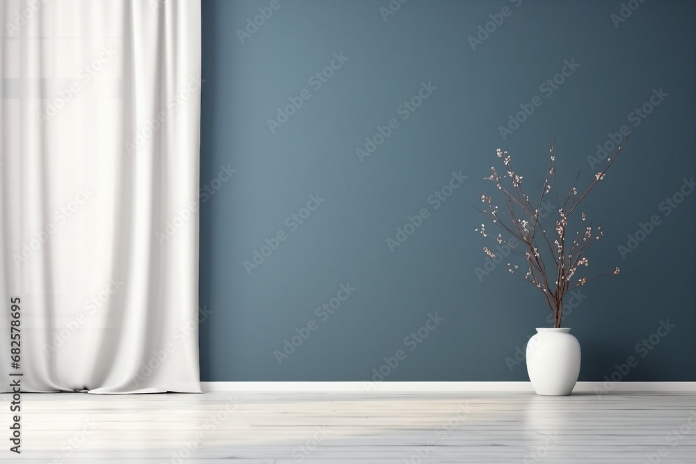 Empty interior background, room with blue wall, vase with branch and window 3d rendering. generative ai. Empty interior background, room with blue wall, vase with branch and window 3d rendering. generative ai.