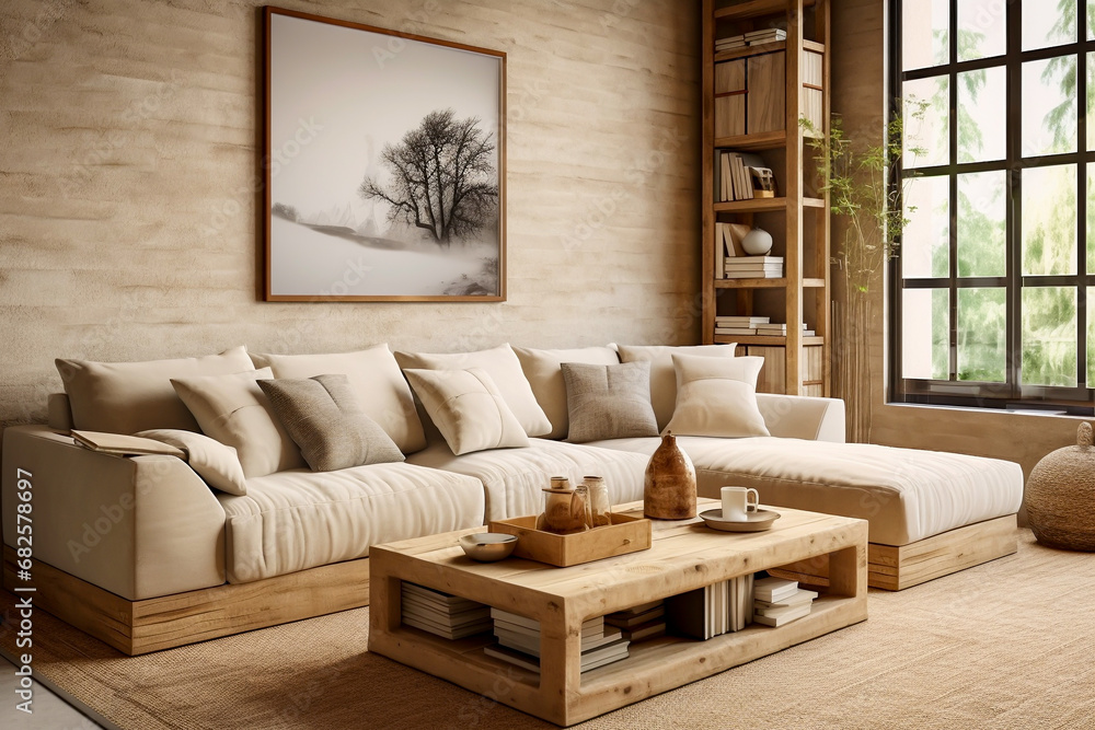 Scandinavian style living room with large corner sofa and cushions with natural wood coffee table set against a textured wall with wall art interior room design Scandinavian style living room with large corner sofa and cushions with natural wood coffee table set against a textured wall with wall art interior room design