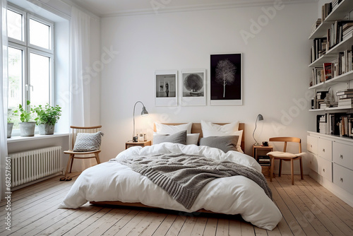 Modern Scandinavian style double bedroom with white Linen and grey throw natural floorboards and cast iron radiator Wall art above headboard interior room design photo