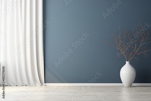 Empty interior background, room with blue wall, vase with branch and window 3d rendering. generative ai.