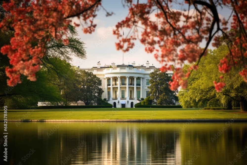 Obraz premium Cherry Blossoms at the White House Through during Spring Time.