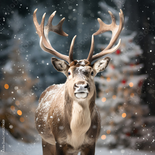 santa's reindeer with a christmas background
