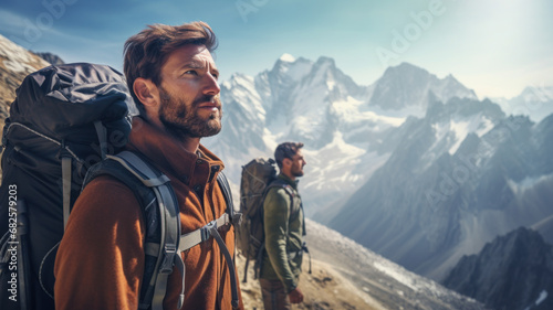 Hikers in Himalayas. Two men enjoy outdoor life and trekking. Majestic mountain landscape in the background. photo