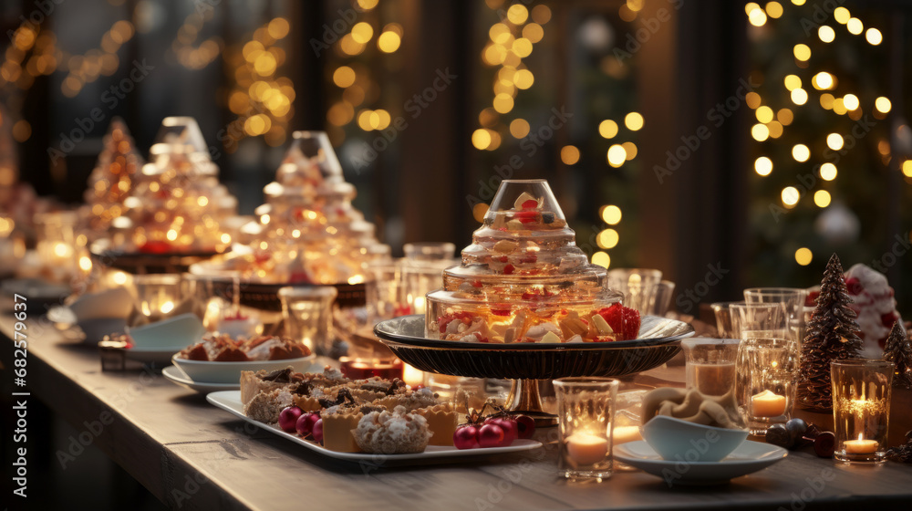 Festive Christmas sweet food. Fine Dinner buffet table with dishes, snacks, desserts and drinks. Golden glittering decoration