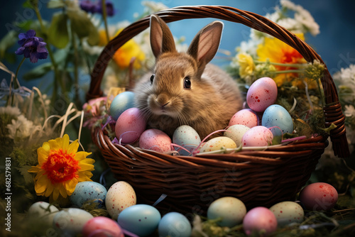 Adorable Bunny Nestled Amongst Vibrant Easter Eggs in a Wicker Basket © Leon Sartorius