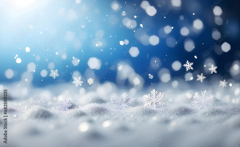 Naklejka premium Falling snowflakes and Bokeh with white and blue background.