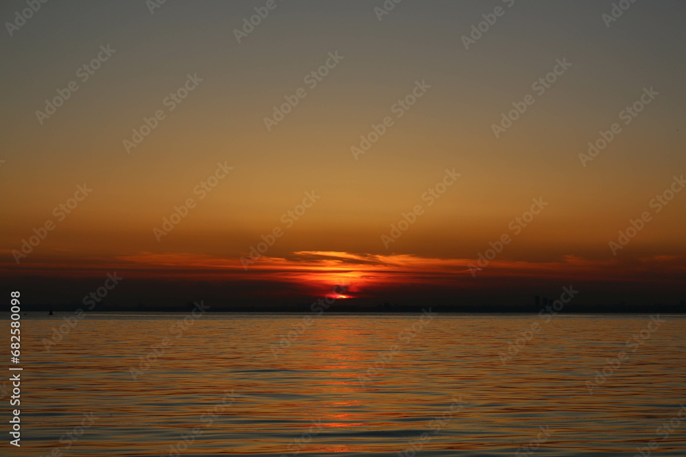 Orange sunset over the Marmara Sea, Istanbul, Turkey.
