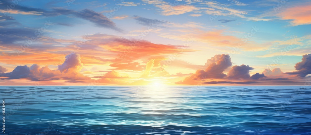 As the sun sets over the ocean, the blue water sparkles with a radiant glow, mirroring the beauty of the summer sky and the white clouds floating above, creating a breathtaking landscape that invites