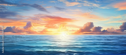 As the sun sets over the ocean  the blue water sparkles with a radiant glow  mirroring the beauty of the summer sky and the white clouds floating above  creating a breathtaking landscape that invites