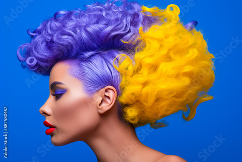 Glamorous portrait of a woman with a crazy yellow-violet hairstyle on a bright blue background.