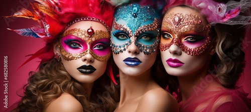 Vibrant venetian carnival three women in colorful costumes posing in studio with copy space
