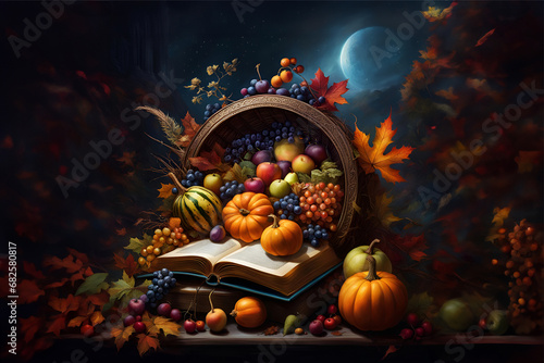 Thanksgiving Cornucopia of Autumn Harvest With Opened Book