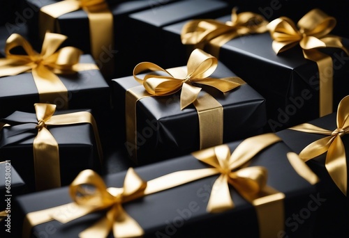 Arranged present gifts boxes wrapped in black paper with gold ribbon on black background