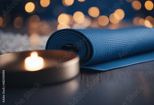 Blue Yoga Mat Decorated for Christmas and New Year: Combining Healthy Lifestyle with Festive Vibes. Achieve Your Weight Loss Goals: Healthy Lifestyle, Fitness, and Nutrition for a New You in New Year photo
