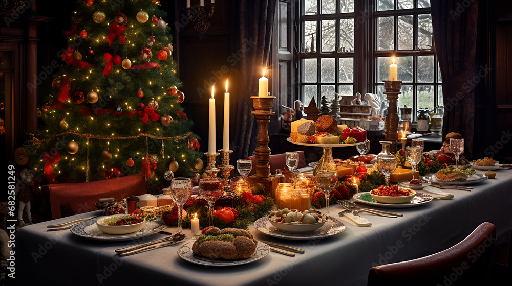 Thanksgiving dinner table full of dishes with food and snacks..