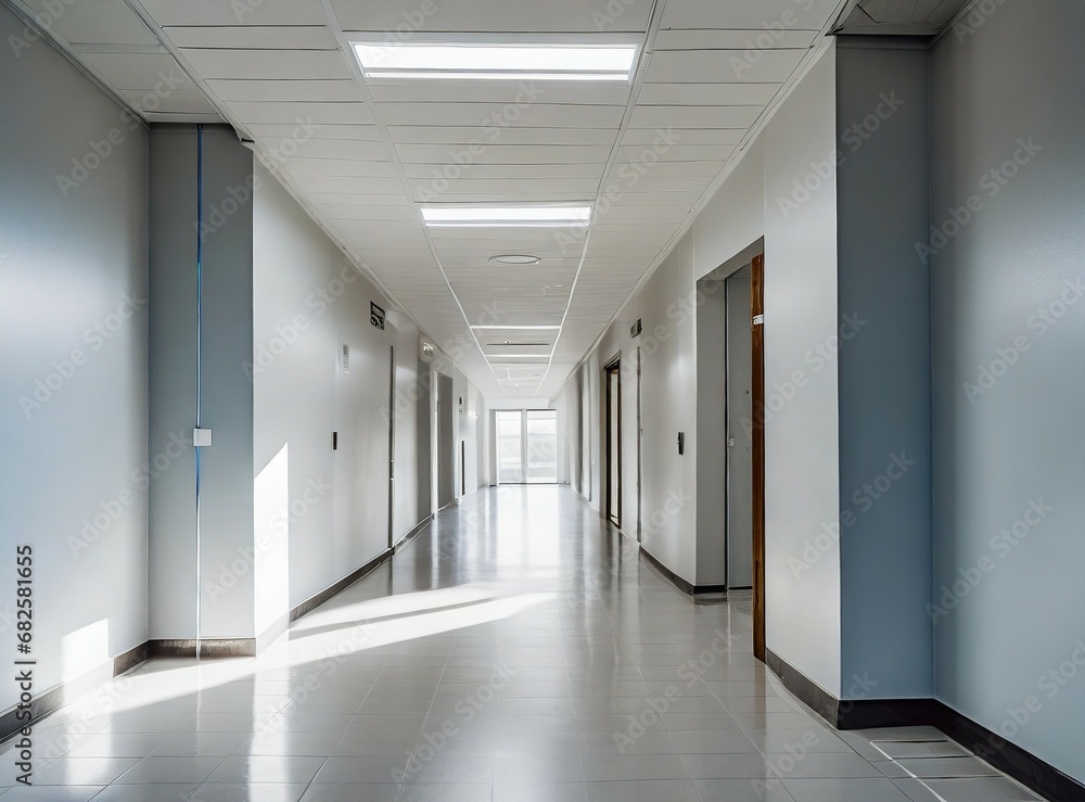 Hospital corridor with bright white walls with outside light