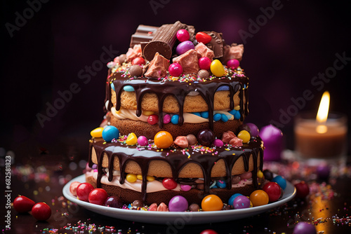 Three-tier birthday cake decorated with colorful sweets and chocolate. Generative AI. © Oksana