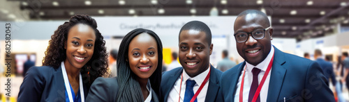 Black businesspeople teamwork posing smiling looking at the camera at a business industry expo convention center meeting. Concept image for a international exhibition, conference center, event fair photo