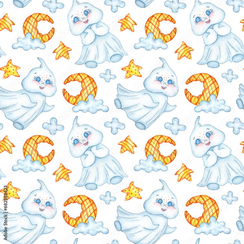 Fototapeta premium Watercolor illustration pattern of little cute ghosts, moon, stars and clouds. Halloween spirit isolated on white background. Design concept for poster, card, banner, clothing, wallpaper, packaging