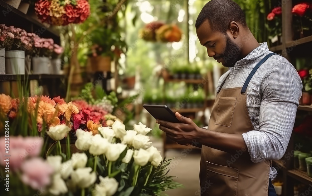Small flower shop business owner man managing shop with digital tablet Small flower shop business owner man managing shop with digital tablet