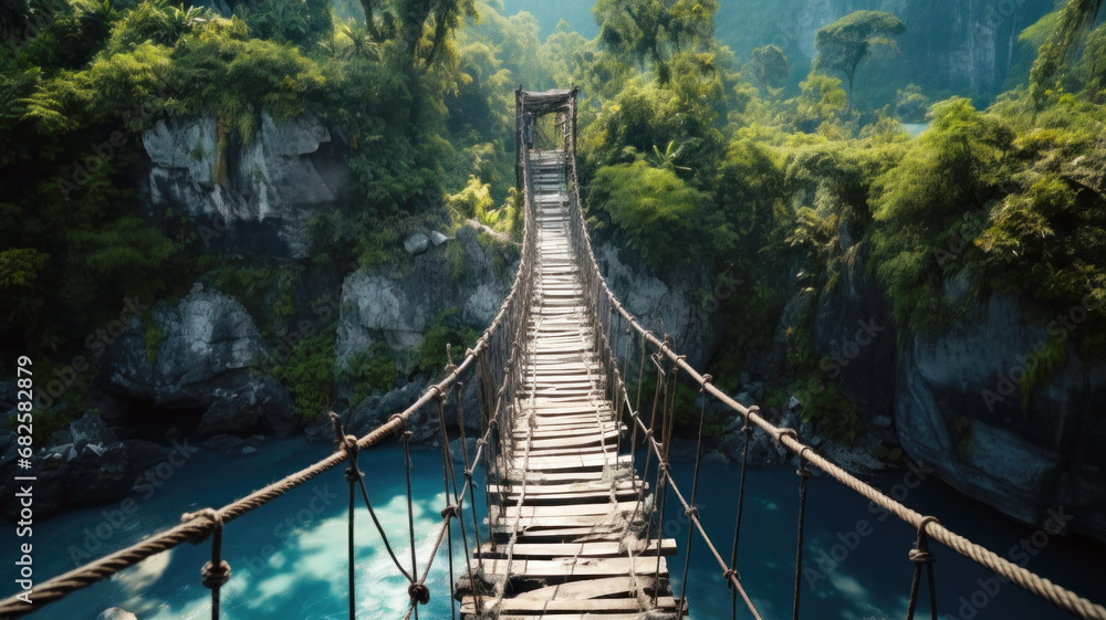 Suspension wooden bridge across tropical river, old dangerous footbridge, perspective view. Scenery of green jungle and blue water. Concept of travel, adventure, nature, path