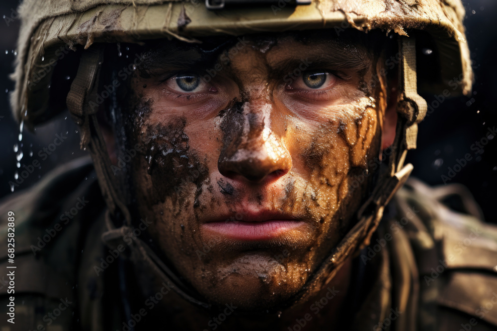 Portrait of tired soldier during war close-up, dirty face of depressed veteran. Eyes of shocked army man after battle. Concept of ptsd, stress, military, mud. Portrait of tired soldier during war close-up, dirty face of depressed veteran. Eyes of shocked army man after battle. Concept of ptsd, stress, military, mud.