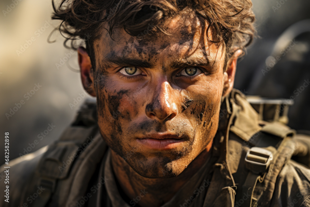 Muddy face of tired soldier during war, portrait of veteran in summer close-up. Eyes of depressed army man after battle. Concept of Israel, ptsd, stress, military, dirt Muddy face of tired soldier during war, portrait of veteran in summer close-up. Eyes of depressed army man after battle. Concept of Israel, ptsd, stress, military, dirt