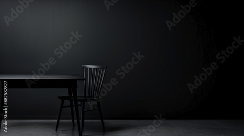 Black table and chair in dark black room.  Copy space.  photo