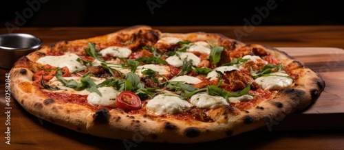 The wooden table was adorned with a rustic pizza, topped with gooey mozzarella cheese, juicy chicken, and slices of savory meat, all sprawled over a perfectly baked dough. Fresh tomato slices