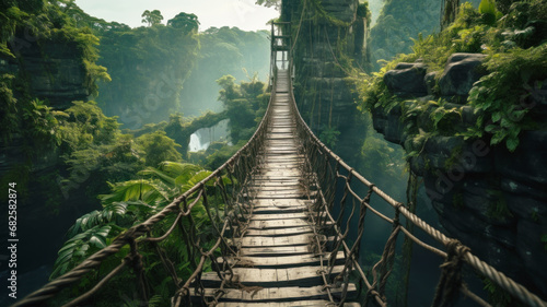Old suspension wooden bridge in tropical mountains, perspective view of hanging vintage footbridge. Scenery of green jungle. Concept of travel, adventure, nature, fantasy