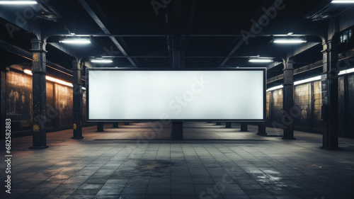 Blank billboard in subway corridor, white poster mockup in metro hallway. Empty screen banner for advertising in vintage station. Concept of frame, background, underground, grunge