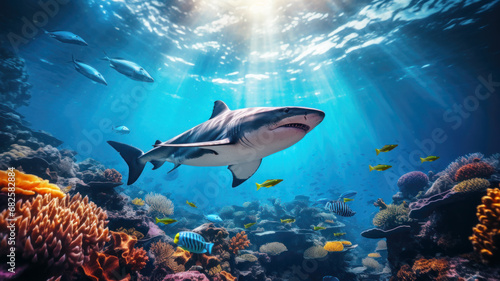 White shark and fish swim underwater near coral reefs  wild sea predator in blue water. Theme of ocean life  teeth  wildlife  travel  marine nature