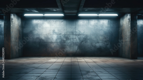 Blank concrete wall mockup in dark underground parking, vintage empty space to display advertising. Old warehouse or garage. Concept of banner, logo, brand, background, light, factory © scaliger