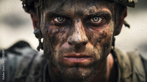 Portrait of soldier during war close-up, muddy face of tired veteran in helmet. Eyes of dirty depressed army man after battle. Concept of ptsd, stress, military, dirt