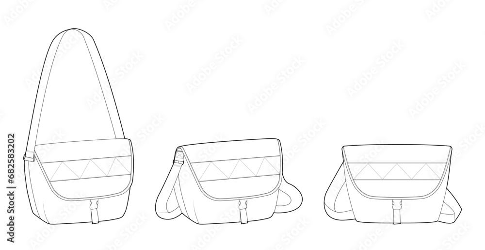 Courier Carryall Messenger Bag silhouette. Fashion accessory technical illustration. Vector satchel front 3-4 view for Men, women, unisex style, flat handbag CAD mockup sketch outline isolated