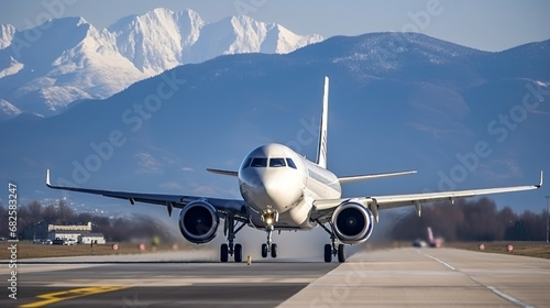 Airplane take off in runway airport with mountains as background