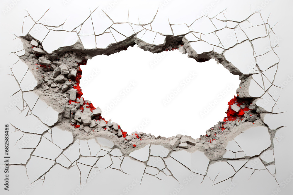 Breaking wall with hole in the middle in blank with transparent copy space - obrazy, fototapety, plakaty 