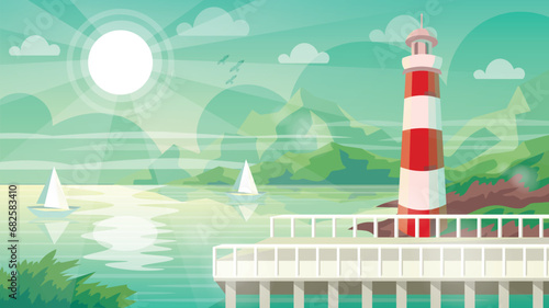 Lighthouse near the pier. Calm and light sunset seascape with a sailboat.