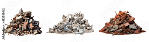 Three piles of construction rubble over isolated transparent background