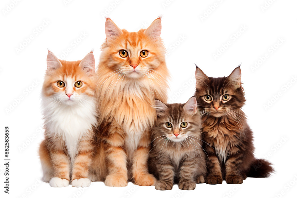 Family of adorable cats over isolated transparent background