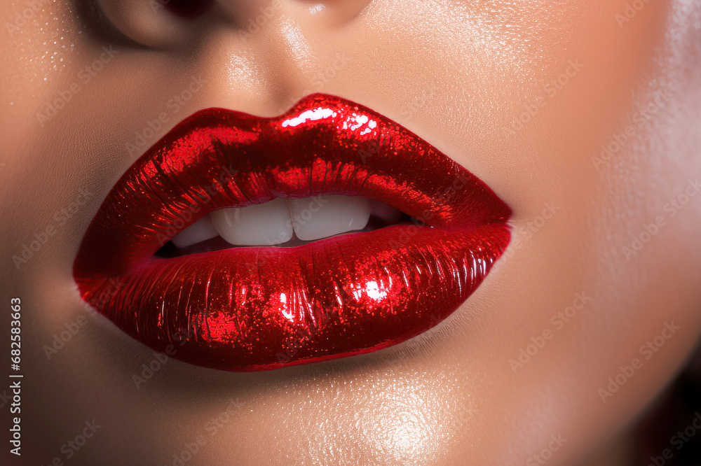 Fototapeta premium Close-up of full lips with vibrant red lipstick