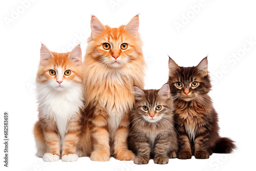 Family of adorable cats over isolated transparent background