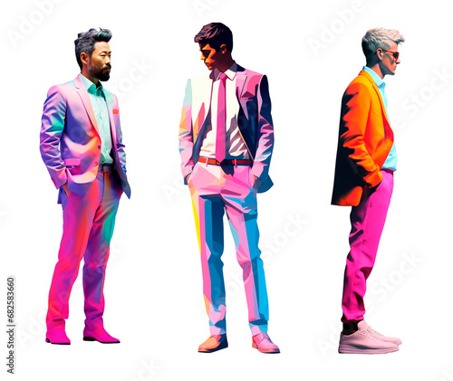 Colorful compositions of pop art design of three men wearing fashionable suits over isolated transparent background