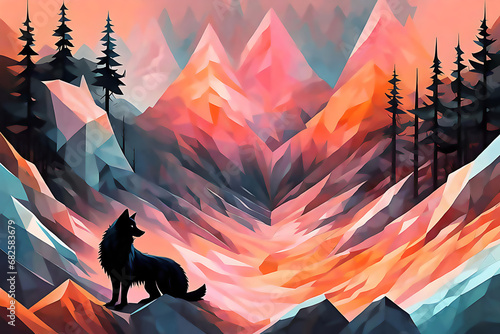 wolf, in the woods, abstact, colorful, painting, , vector, cartoon, animal, illustration, night, moon, tree, silhouette, black, holiday, christmas, art, dog, nature, 