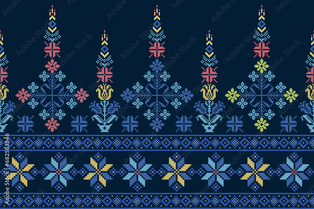 Abstract ethnic pixel border pattern flower design. Aztec fabric boho ...