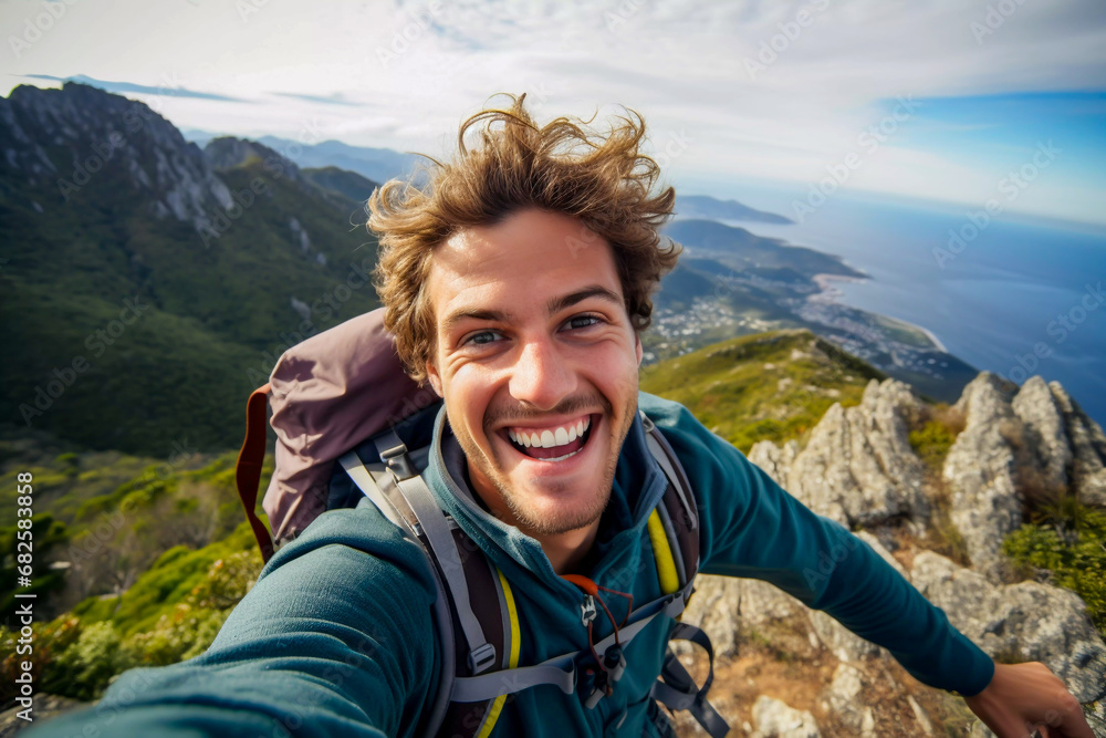 Handsome young man hiking high on a mountain side overlooking the blue sea taking a selfie outdoor lifestyle Peace of Mind and wellbeing