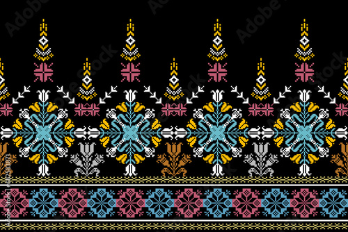 Abstract ethnic pixel border pattern flower design. Aztec fabric boho mandalas India sari borders textile wallpaper. Tribal native motif African American saree border elegant embroidery vector backgro