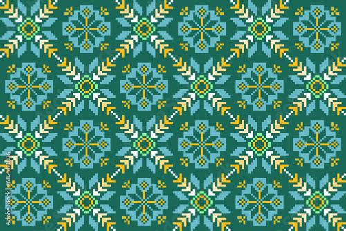 Abstract ethnic pixel border pattern flower design. Aztec fabric boho mandalas India sari borders textile wallpaper. Tribal native motif African American saree border elegant embroidery vector backgro