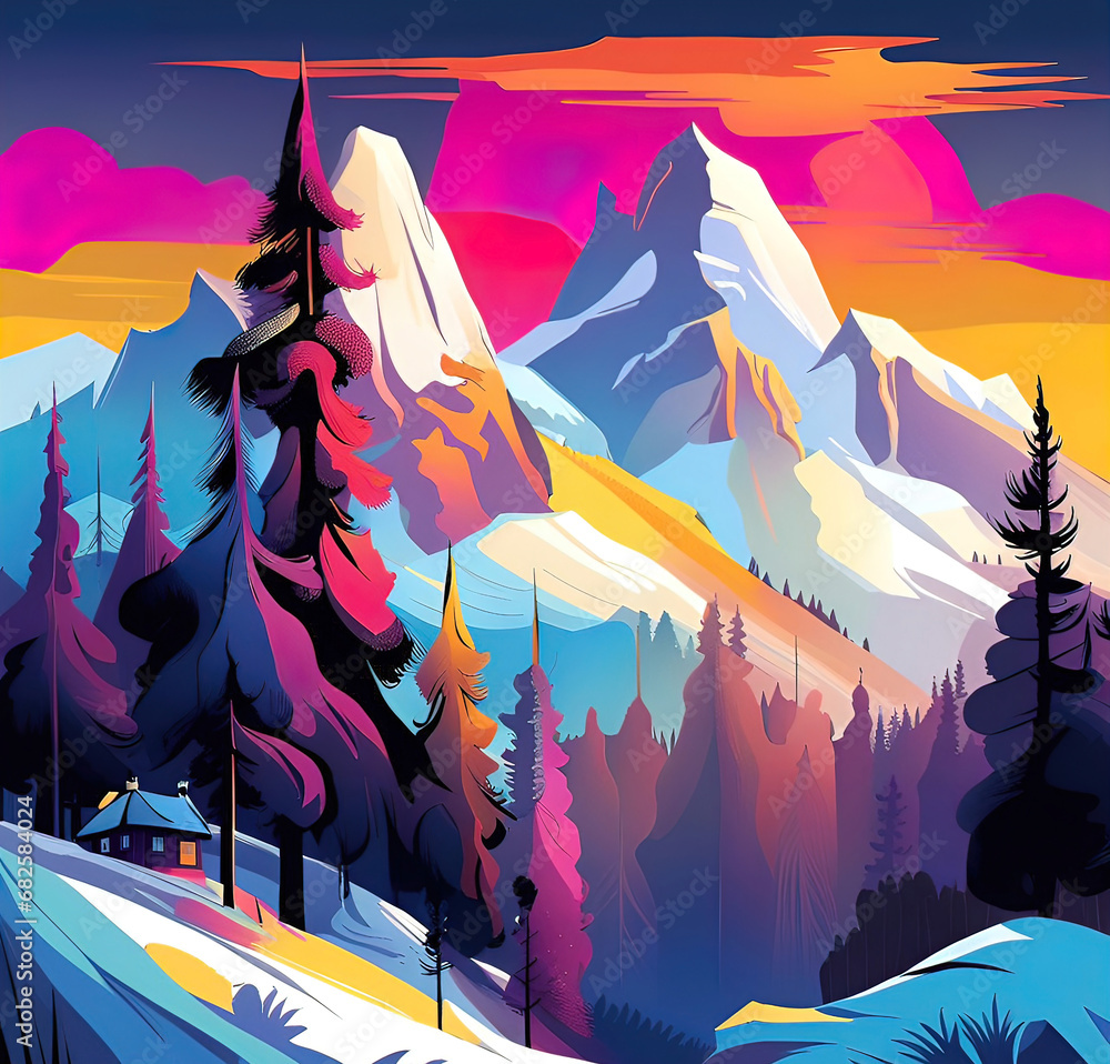 Winter mountain landscape with small cozy house, Vector illustration. beautiful graphic illustration, pop art	
